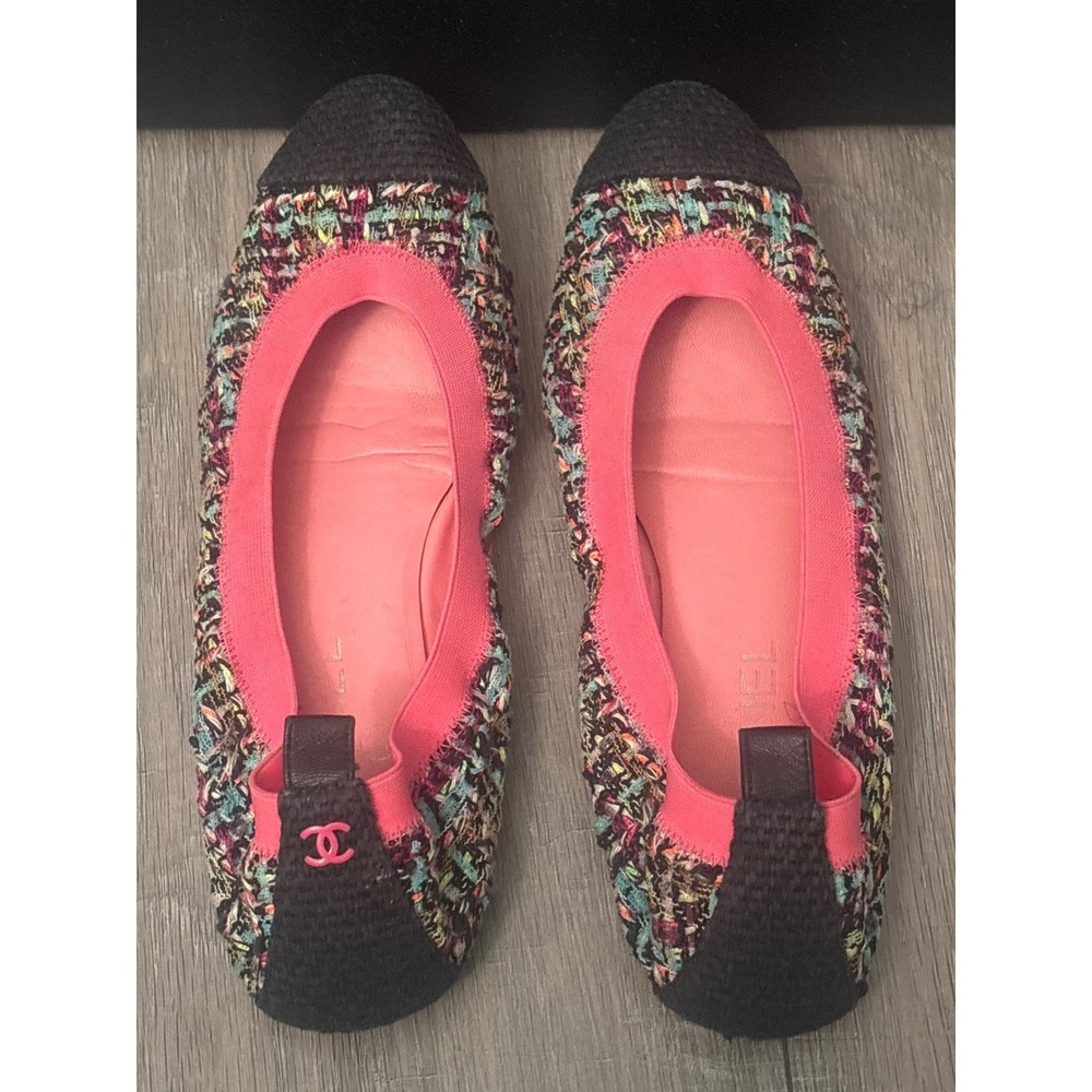 Chanel Multicolor Tweed Cap Toe Ballet Flats Pink Trim CC - Picture 6 of 6